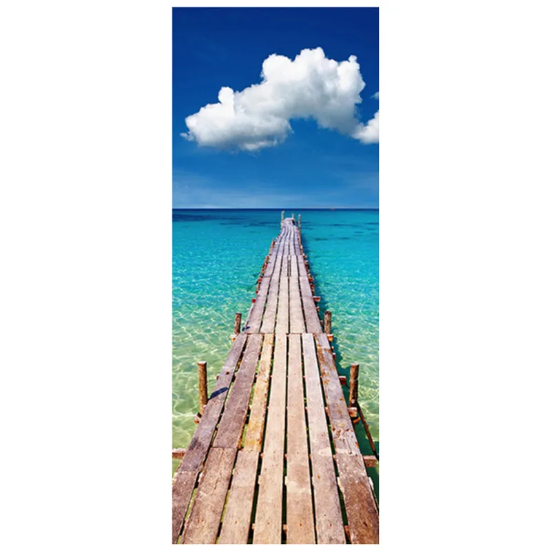 77*200cm sea view door stickers sunny seaside Beach Palm Tree 3d wall art vinyl mural home decoration Summer scenery wallpaper | Дом и сад