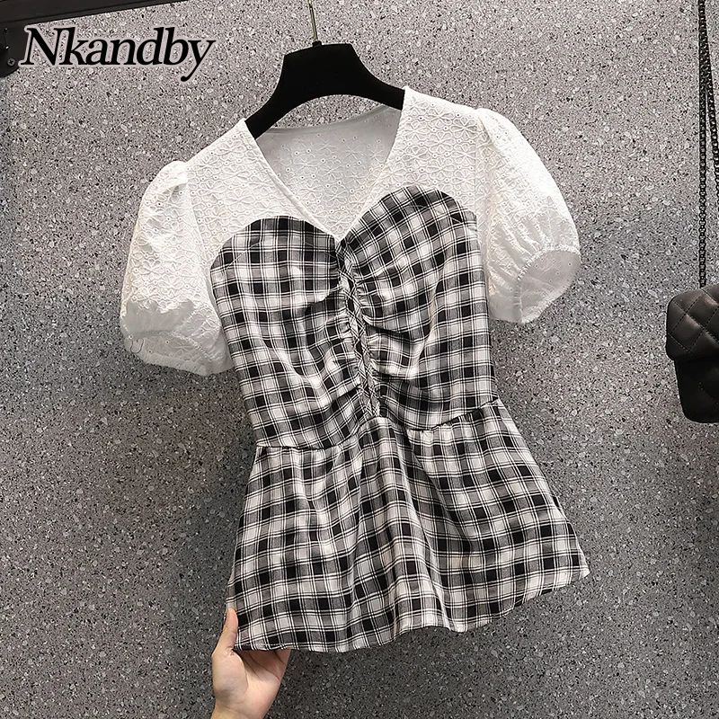 

Nkandby Summer Plus Size V-neck Blouses Women Fashion Plaid Shirring Skirt Hem Shirts Korean Style Patchwork Chic Tops Female