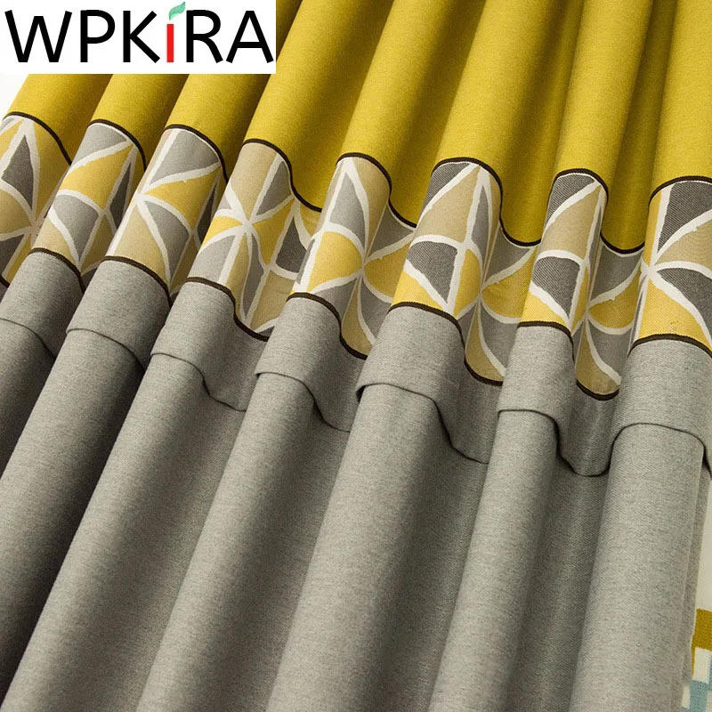 

Fashion Modern Twill Geometric Blackout Window Curtains for Living Room Yellow Splice Grey Window Drapes Wave Embroidered Tulle