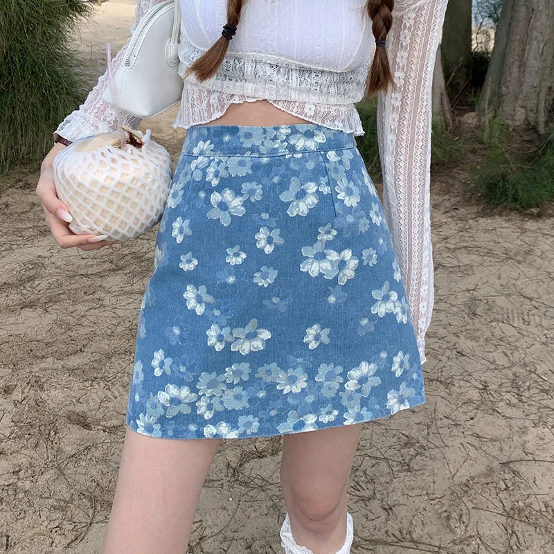 

Летняя женская джинсовая юбка в стиле Харадзюку, корейская мода, с высокой талией, трапециевидная мини-юбка, Женская Праздничная юбка с цвет...