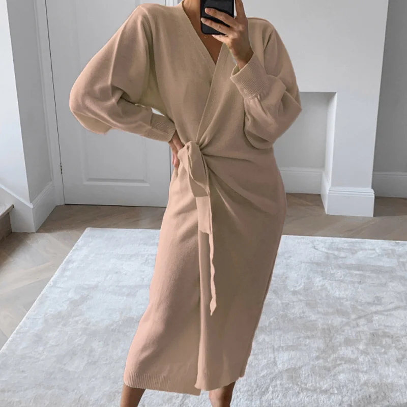 

Autumn Women Knitted Side Split Maxi Dresses Solid Lace Up V Neck Lantern Sleeve Female Long Dress Ladies Fashion Sexy Clothes