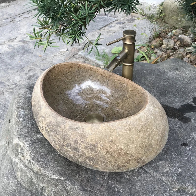 

Natural Pebble Wash Basin Outdoor Stone Washbasin Courtyard Rough Stone Pool Garden Retro Table Basin Outdoor