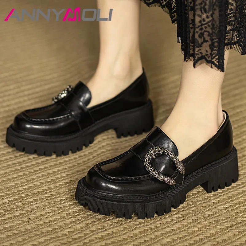 

ANNYMOLI Pumps Women Chunky Heels Genuine Leather Platform Shoes Metal Decoration Buckle High Heel Footwear Lady White Spring 40