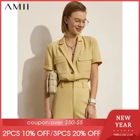 amii minimalism spring summer new womens shirt causal solid lapel belt womens blouse offical lady womens shorts 12130152