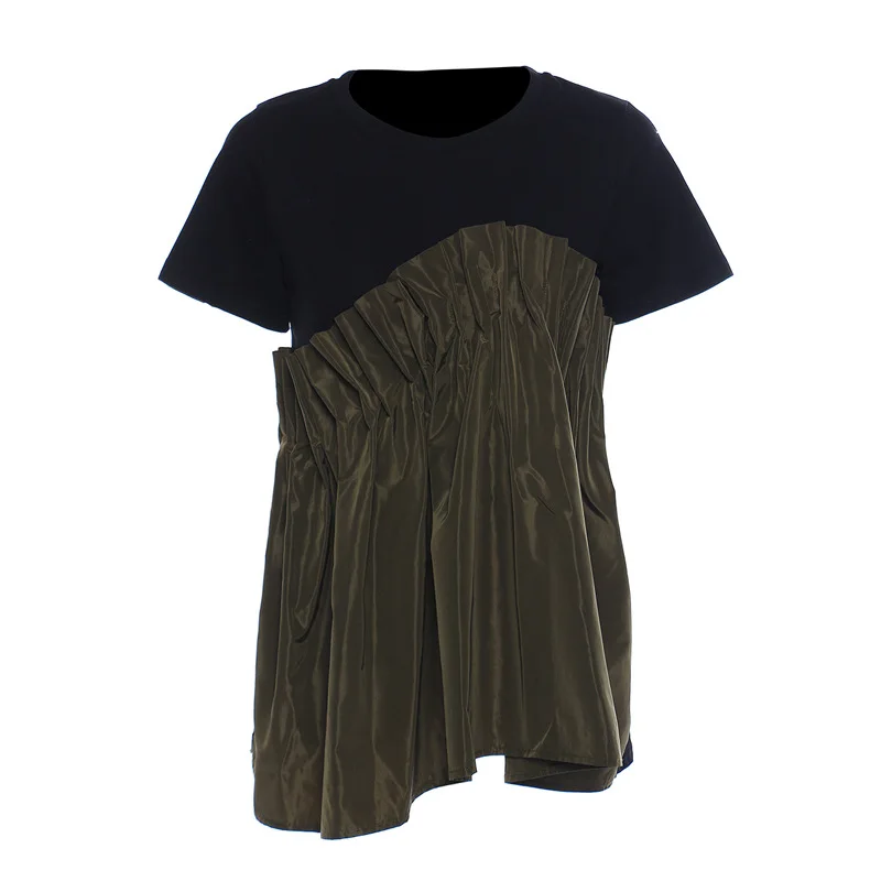 

O-Neck Short-Sleeved Irregular Stitching Loose T-Shirt 2021 Summer New Black and Army Green Pleated T-Shirt Top