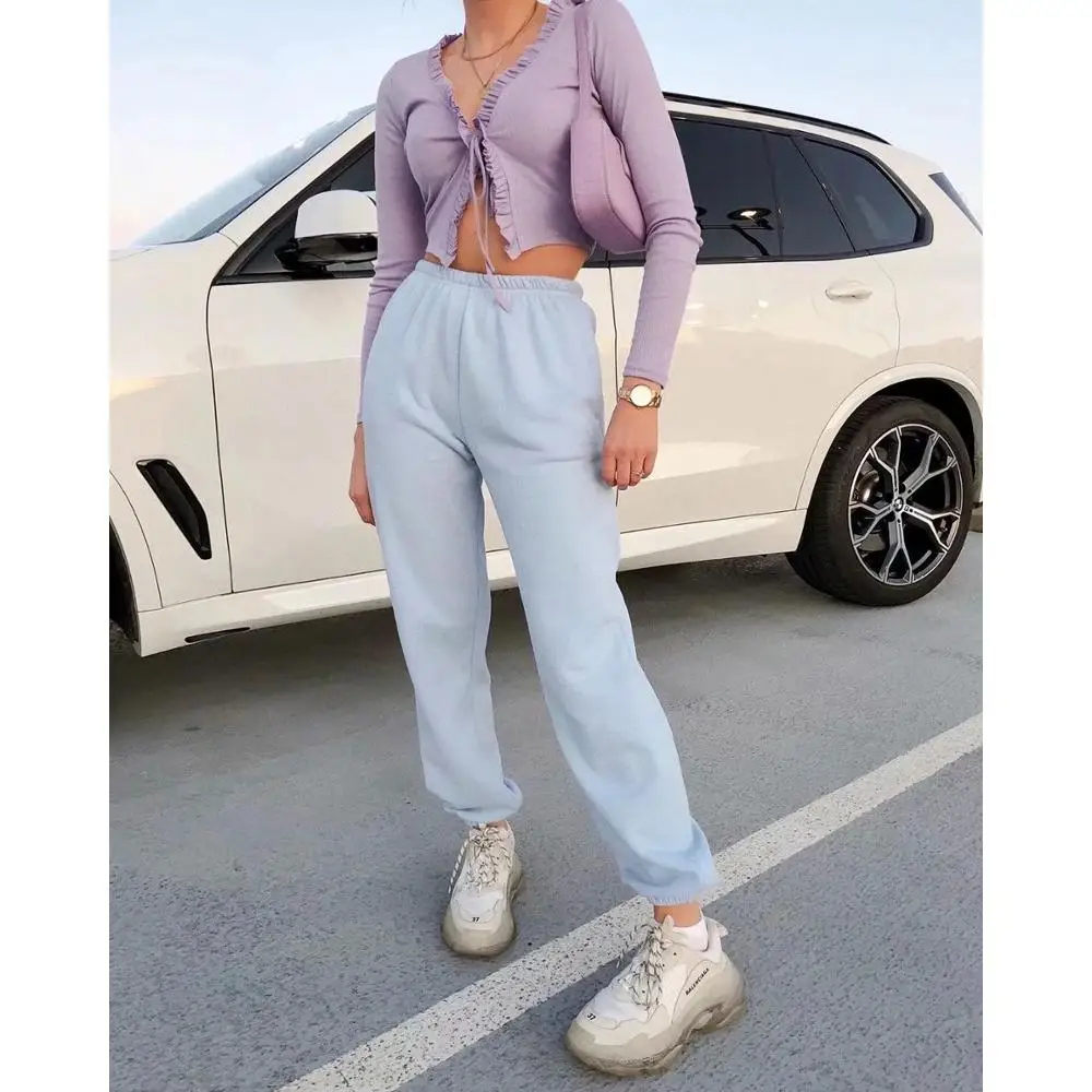 Klacwaya women 2020 fashion lace up ruffles open stitch ladies full sleeve V-neck 100% cotton sweater sexy club style |