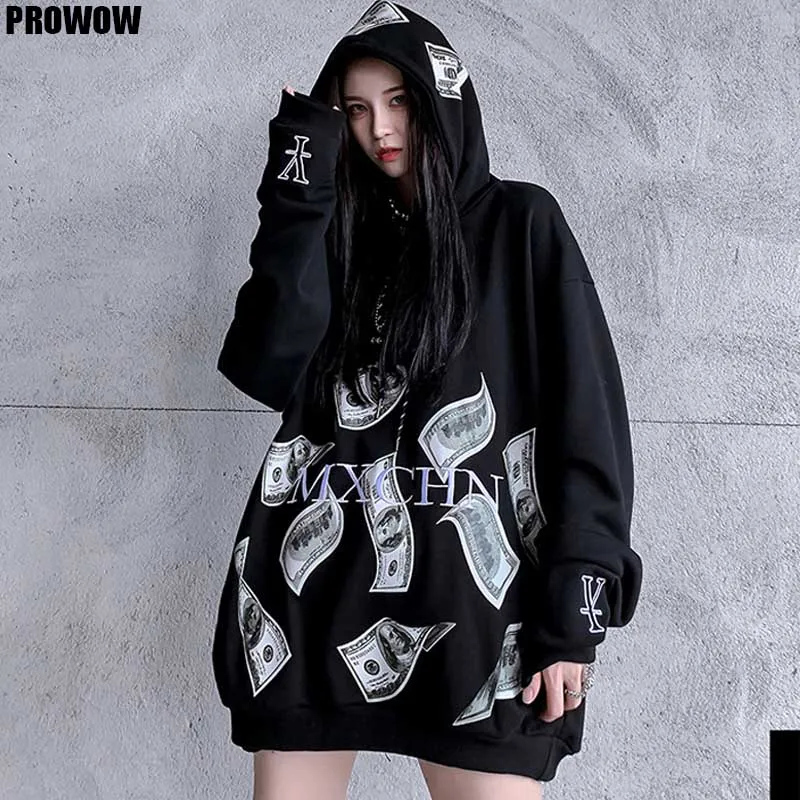 

2020 Autumn Women Punk Money Hoodies Japan Hip Hop Harajuku Sweatshir Fall Hoodie Streetwear Loose Pullover Black Hoodie Females