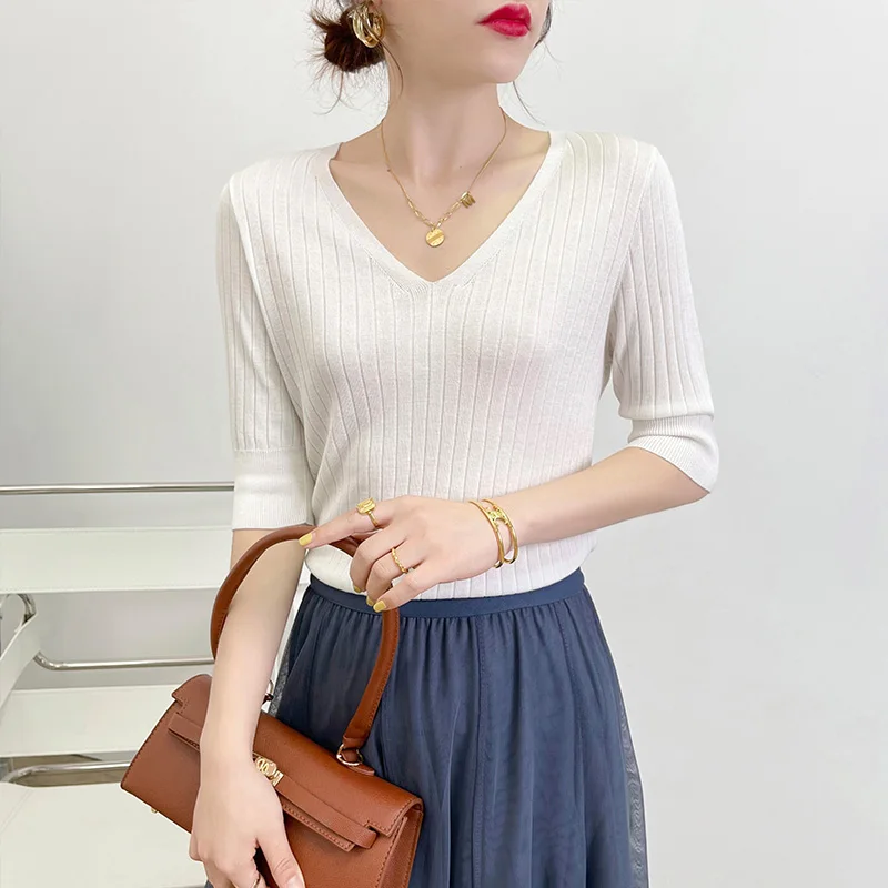 

Женский трикотажный свитер из тенсела, однотонный Модный пуловер с V-образным вырезом и рукавом до локтя, элегантный шикарный офисный Топ дл...