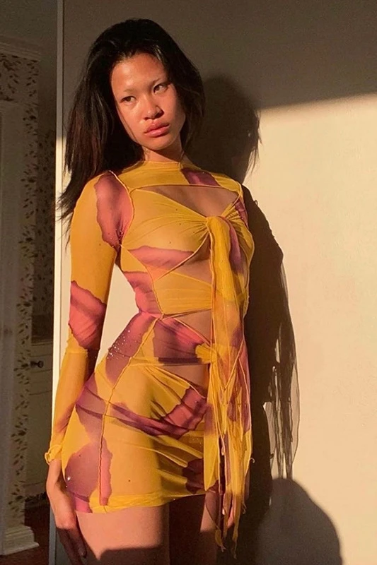 

EuropeFashion sexy mesh see-through printed hollow dress wild slim slimming fashion long-sleeved short skirt women