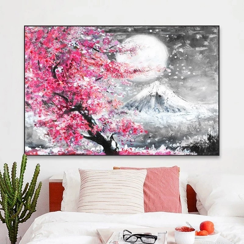 

Japanese Mount Fuji cherry blossom canvas painting, landscape painting wall art poster for kitchen and living room decoration