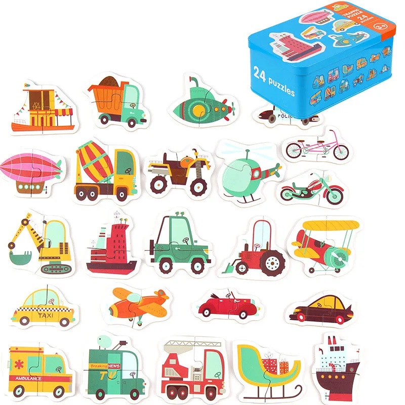 

Wooden Learning Card Puzzles Toy Early Educational Toy Cartoon Traffic Animal Fruit With Iron Box Kids Cognitive Puzzle Card Toy
