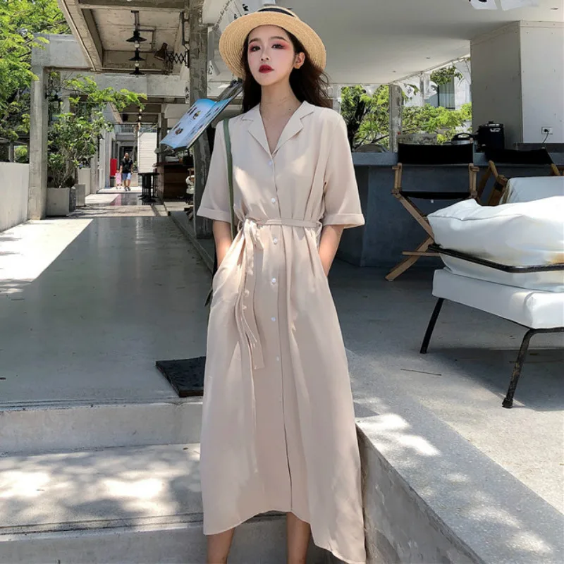 Женское повседневное однобортное платье-рубашка элегантное Свободное длинное