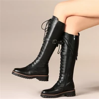 women lace up genuine leather knee high military boots round toe platform oxfords punk goth winter thigh high buckle creepers