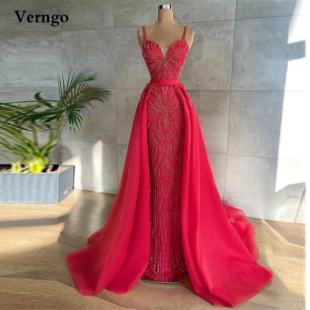 

Verngo Glamorous Red Mermaid Long Evening Dresses With Deatchable Overskrit Tulle Lace Spaghetti Straps Celebrity Prom Gowns