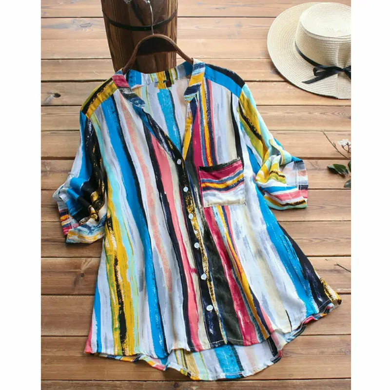 

Blouse 2019 Women Fashion Striped V-Neck Long Sleeve Baggy Blouse Lady Casual Loose Tunic Tops Plus Size Shirts blusas mujer
