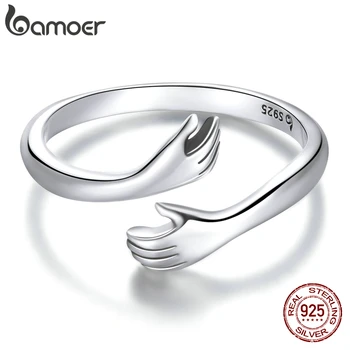 bamoer 925 Sterling Silver Hug Warmth and Love Hand Adjustable Ring for Women Party Jewelry, His Big Loving Hugs Ring BSR176 1