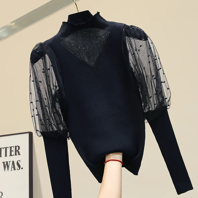 

Lantern sleeve slim turtleneck black chiffon stitching sweater women fashion top knitted pullovers