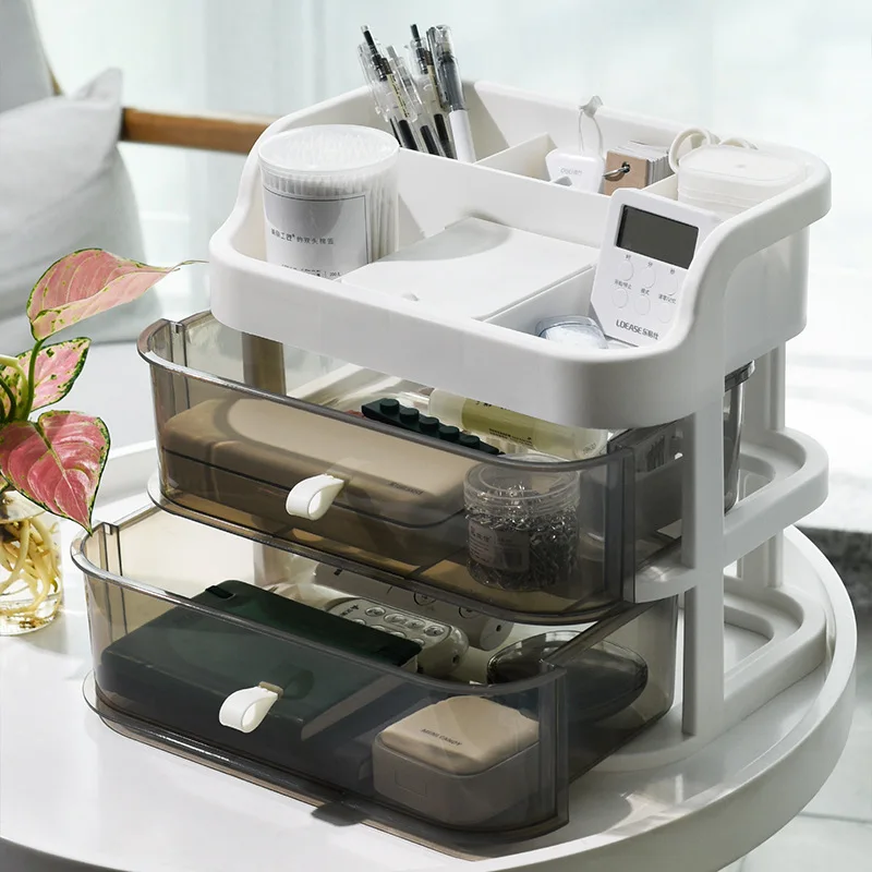 

Plastic Makeup Storage Box with Mirror Cosmetic Organizer Desktop Sundry Store Case Dresser Skin Care Jewelry Bathroom Container