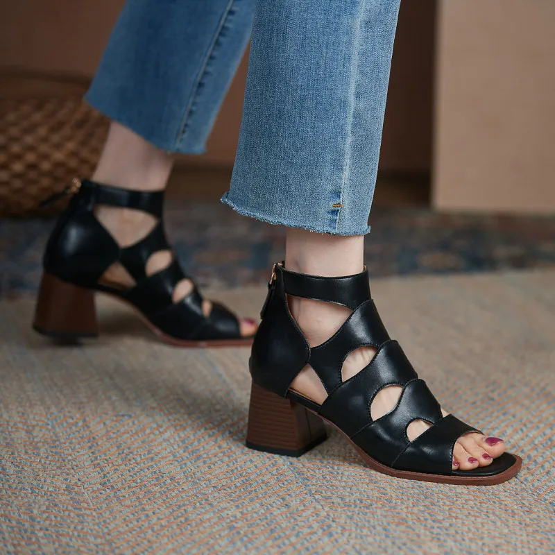 

MORAZORA Summer Genuine Leather Sandals Women Square High Heels Ladies Shoes Black Brown Color Party Casual Shoes For Woman