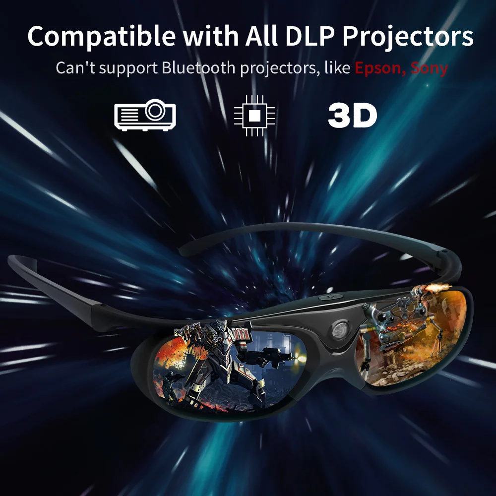 2pcs BOBLOV Active Shutter 3D Glasses DLP-Link USB Blue Compatible BenQ W1070 W700 Dell Projector 3D Glasses for Projector DLP