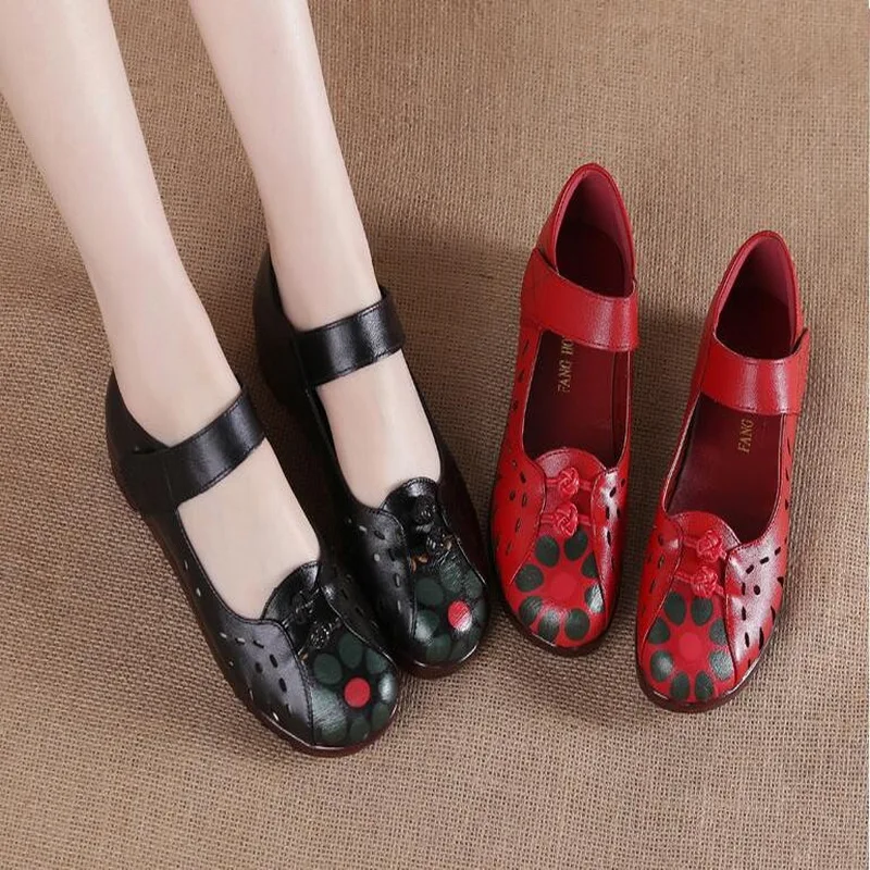 RUSHIMAN 2021 Summer Genuine Leather Breathable Soft Bottom Mother Shoes Retro Handmade Hollow Out Flat Shoes Zapatos Mujer