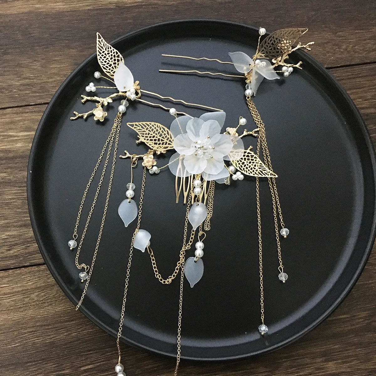

3pc/Set Luxurious Girls Headpiece Alloy Leaf Crystal Resin Flower Women Hair Clip Bridal Hair Jewelry Pearl Tassel Hairpins