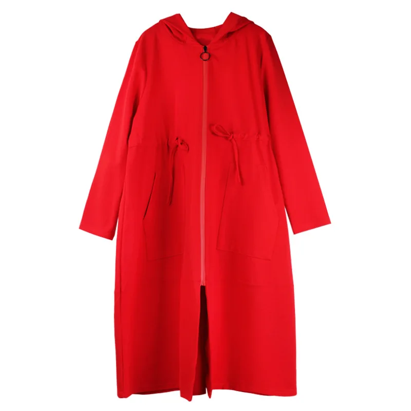 

LANMREM new hooded collar with zipper drawstring fashion long-sleeved autumn wide waist red black long coat fashion tide 2A1433