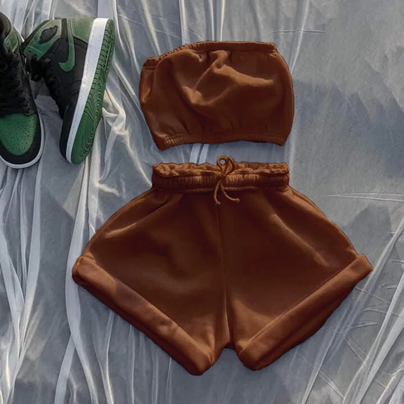 

Cotton Drawstring High Waist Sweat Shorts with Tube Top Tracksuit Women's Outfits 2 Piece Summer Matching Set