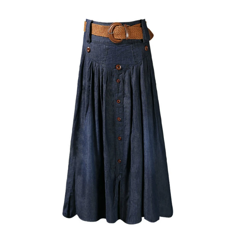 

Merry Pretty Women Dark Blue Denim Skirt Sashes Pleated Skirt 2019 Autumn Hight Waist Long Jeans Skirt Solid Midcalf Skirt