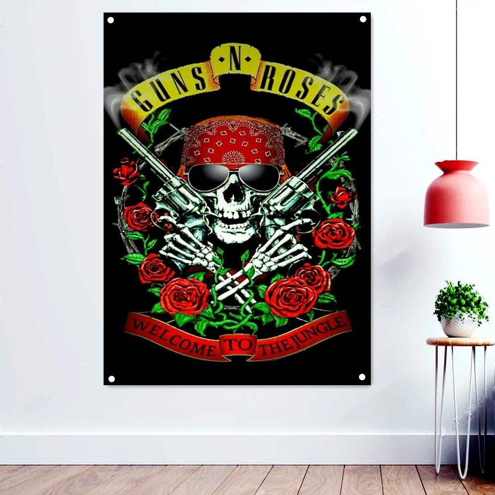 

ROSES N GUNS Heavy Metal Artwork Banners Wall Art Scary Bloody Background Wallpaper Flag Death Art Tattoos Rock Band Posters
