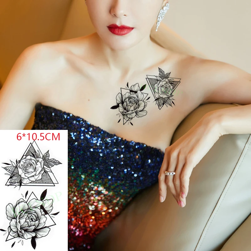 

Водостойкая Временная тату-наклейка, цветок, пион, роза, треугольник, боди-арт, флэш-тату, искусственная татуировка для женщин и мужчин