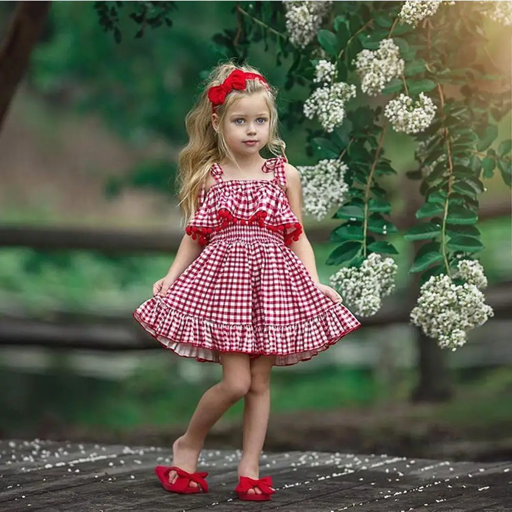 Girls' dresses 2019 summer new European and American red plaid suspenders princess skirt children's clothing (1-5T) |