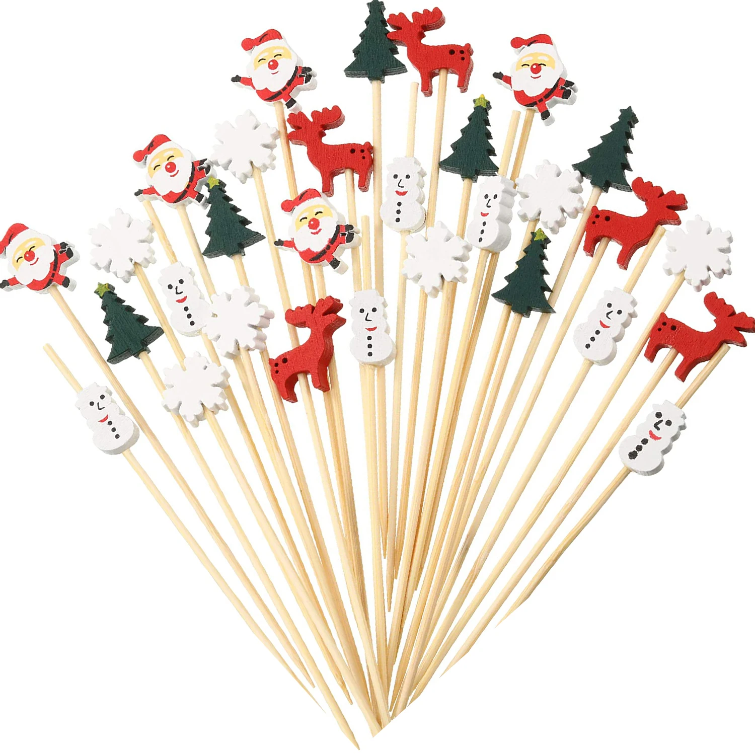 

100Pcs Christmas Cocktail Picks Santa Claus Snowflake Elk Fruits Bamboo Toothpicks for Drink Dessert Food Appetizers Decoration