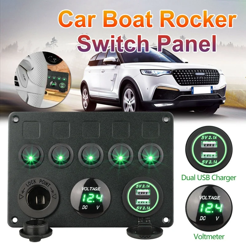 

5 Gang Rocker Switch Panel with Dual USB Slot Socket+Cigarette Lighter+Voltmeter for Marine Boat Car Rv Truck Green LED
