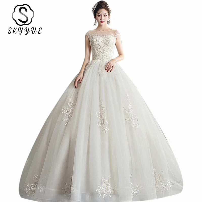 

Elegant Wedding Gowns Skkyue ER718 O-neck Lace Wedding Dresses Plus Size Sequined Beading Vestidos De Novia 2020 Wedding Dress