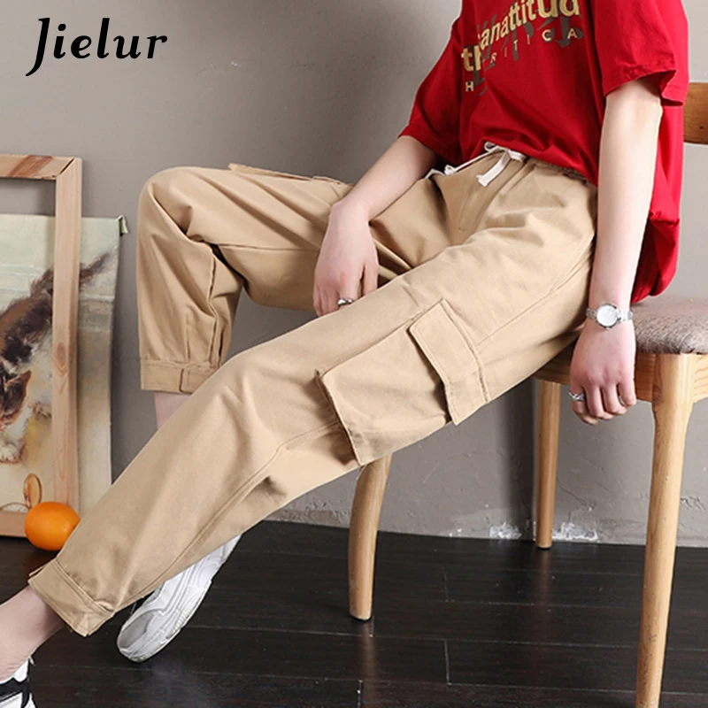 Jielur новые брюки Харадзюку бойфренда женские крутые накладные карманы корейская