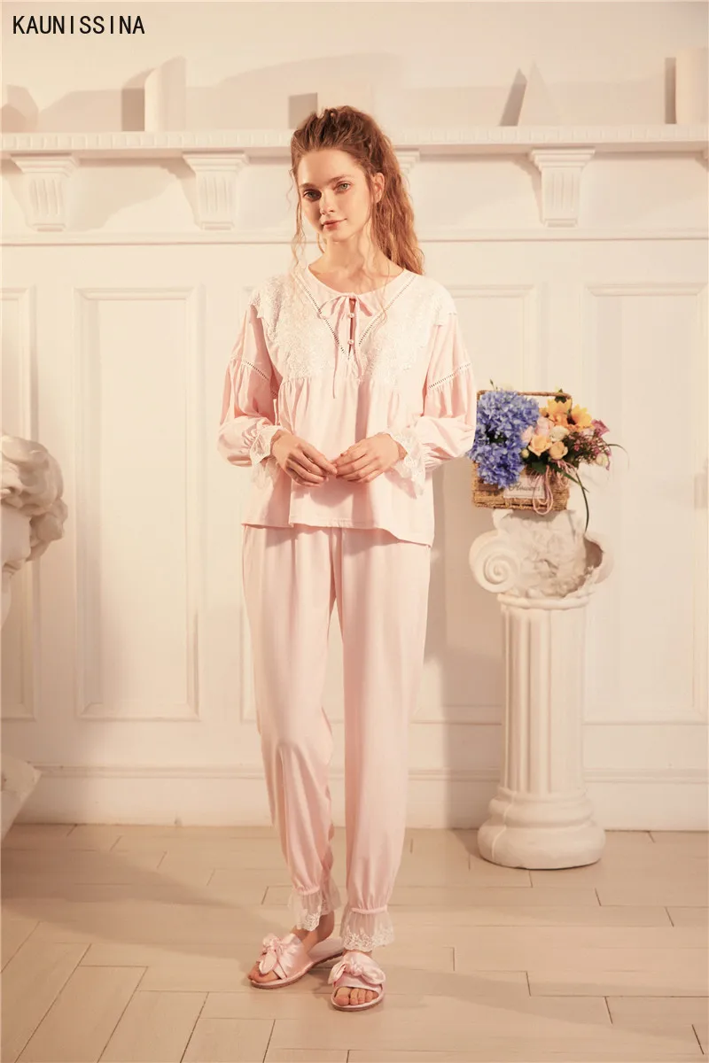 

Women Long Sleeve Pajamas Sets Pink White Lace Vintage Soft Cotton Sleepwear Sweet Nightwear Home Female Loungewear Suit