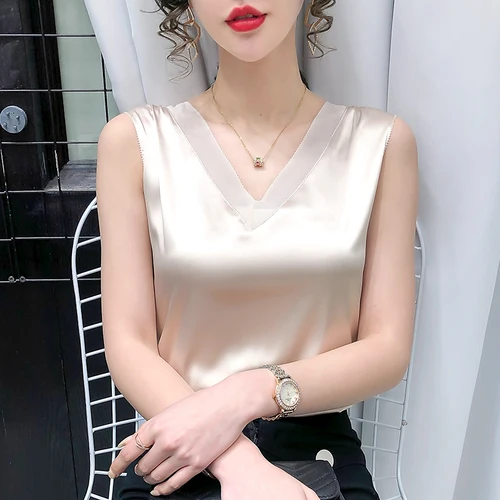 

Satin Women Blouses Shirts Satin Blouse Tops Woman Lace Shirt TopCasual Woman V-neck Silk Solid Blouses Elastic Shirts 14340