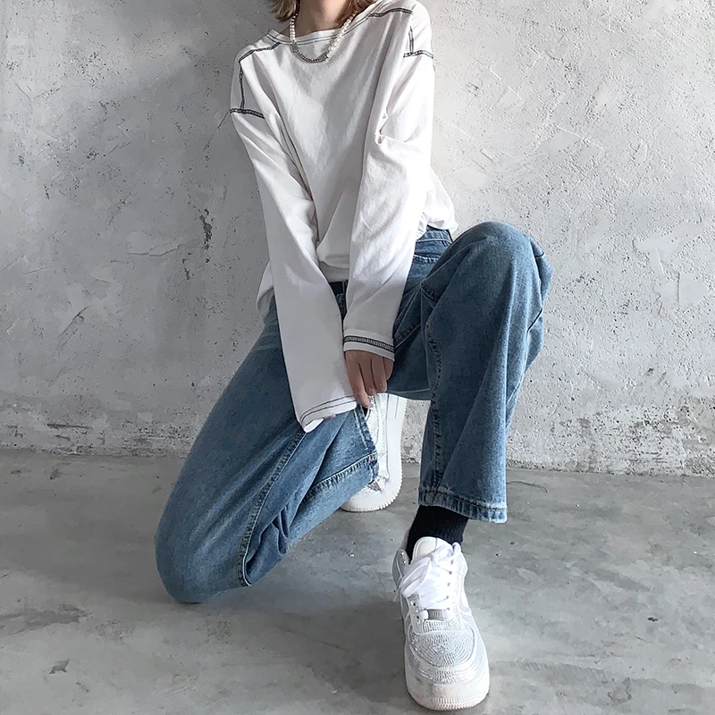 

HARAJPOO Jeans Women 2021 Spring New Korean Style Harajuku Retro High-waisted Wash Loose-fitting Casual Straight Trousers Tide