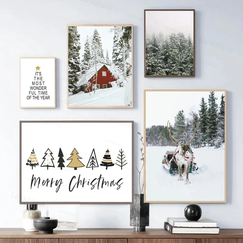

Scandinavian Posters Paintings Winter Forest Moose Picture Christmas Home Decor Nordic Wall Art Canvas Painting Room Decoration