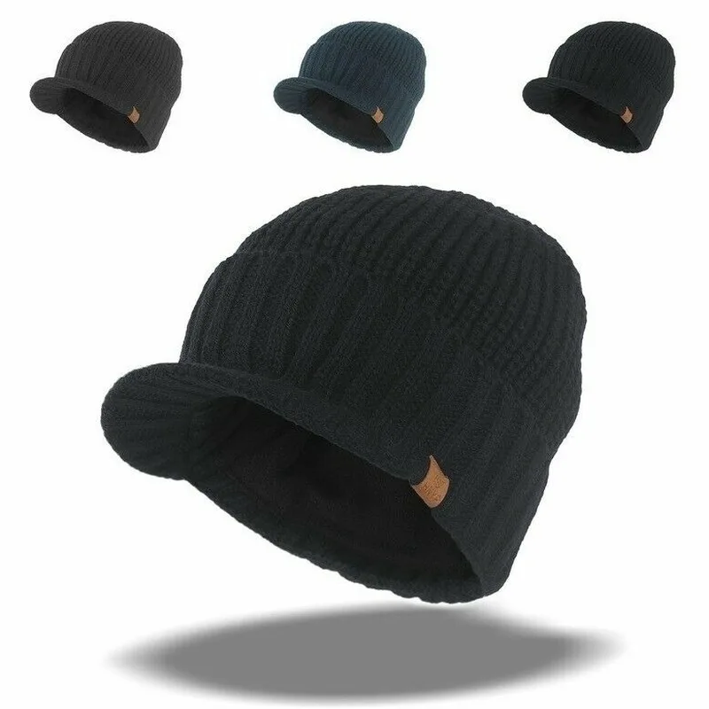 

Men's Winter Wool Blend Visor Brim Beanie with Bill Knit Baseball Cap Skull Hat