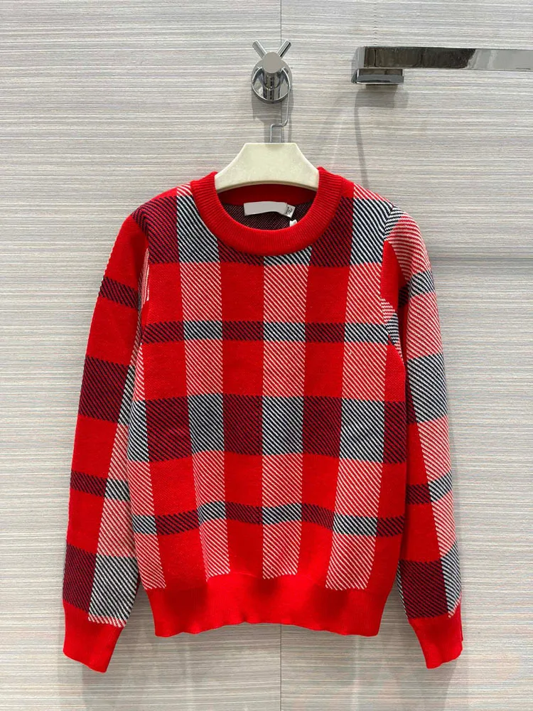

Luxury Brand 100% Wool Pullover Sweater for Women Top Quality O-neck Long Sleeve Red Plaid Knitted Pullover Sweaters Winter 2021