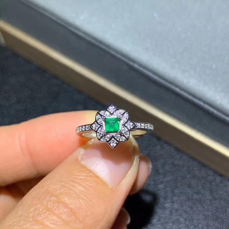 

Fashion lovely geometry Square Natural green Emerald ring S925 silver natural gemstone ring girl women party gift fine jewelry