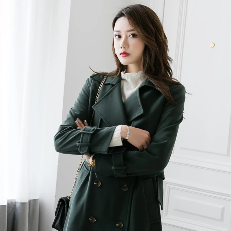 

Khaki Trench Coats Womens Double-Breasted Turn-down Collar Mid-Length High Quality Overcoat Windbreaker with Belt Windbreaker