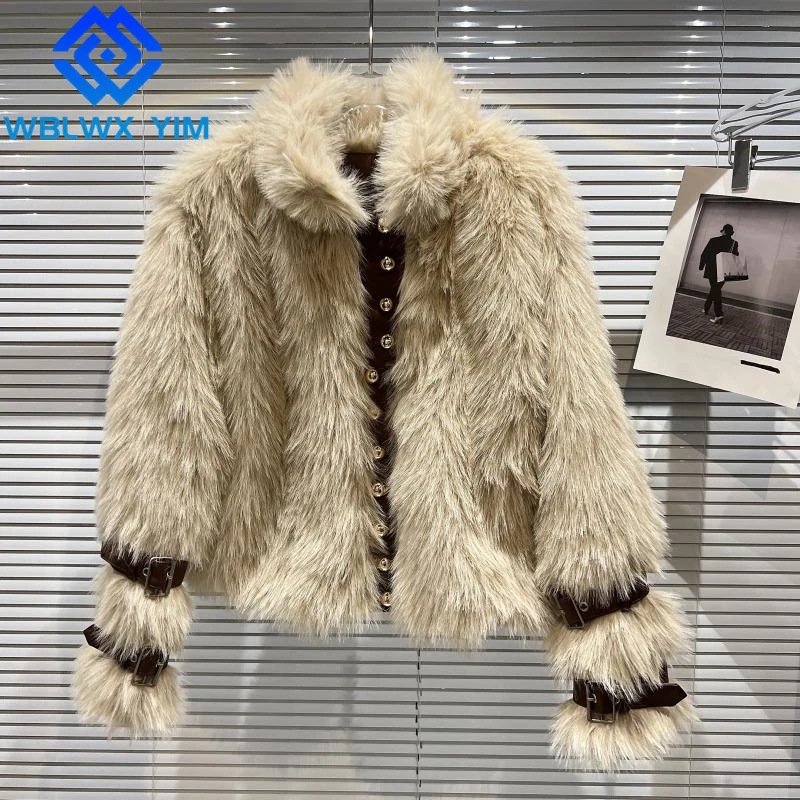 

Faux Fox Fur Jacket Women Single Breasted Lapel Fashion Rivet Short Plush Coat Thick Warm Overcoat Female Winter Faux Fur Coats