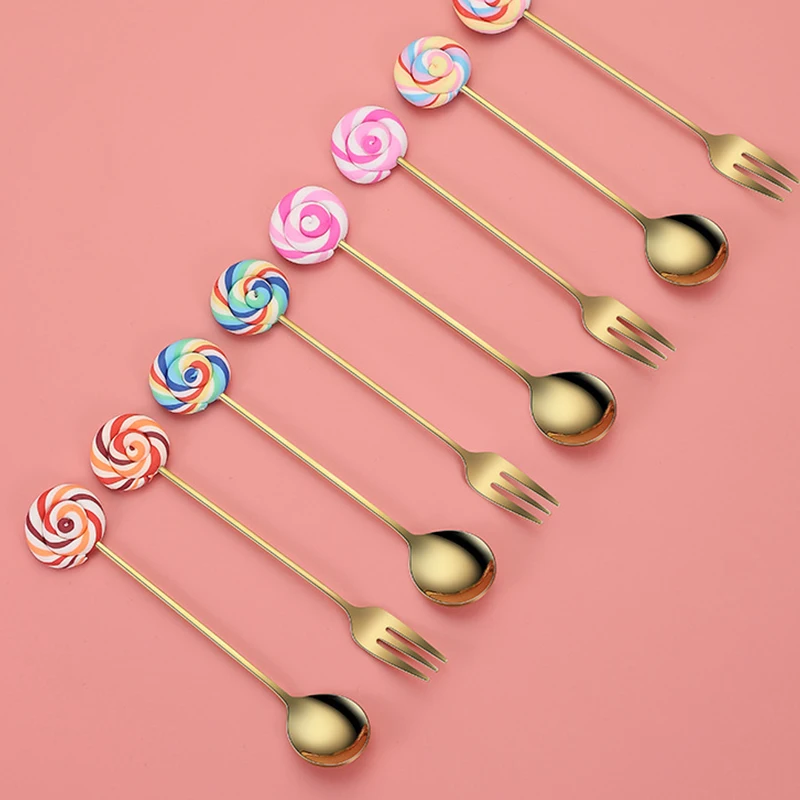 

Donut Lollipop Fork Spoon 304 Stainless Steel Dessert Fruit Forks Honey Coffee Stirring Spoon Kid Cutlery Dinnerware Accessories