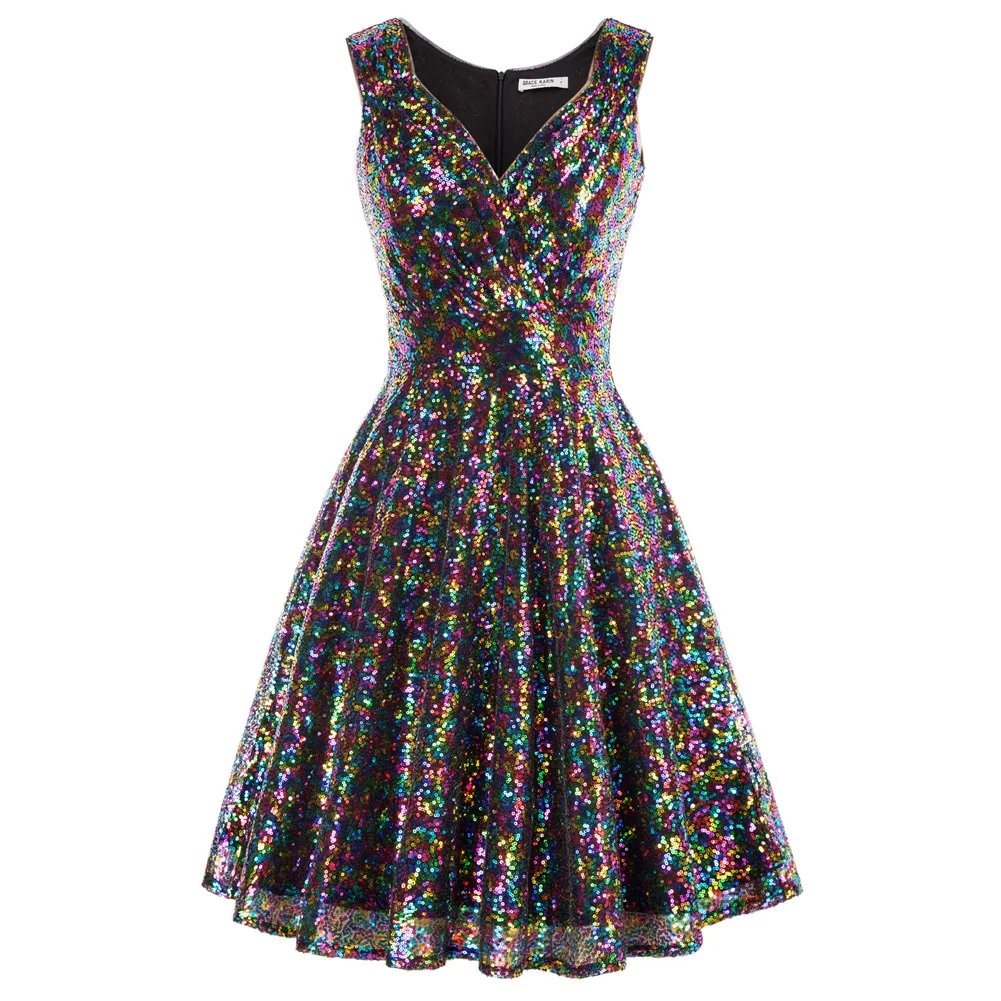 

Sequins Dress Sequined Dresses Sleeveless Evening Sexy Elegant Temperament Vintage Summer New Lady Knee Women's Sparkling Dress