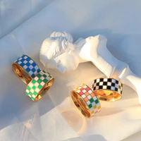 ins enamel chess pattern ring stainless steel colorful checkered ring titanium steel jewelry stylish metal texture finger ring