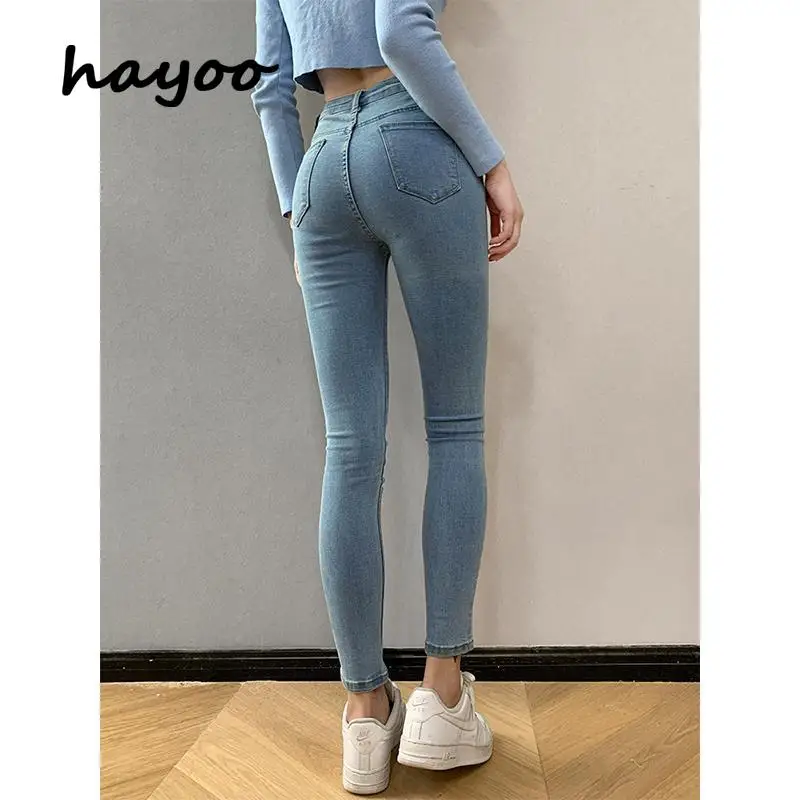 

Летние тонкие джинсы с высокой эластичностью, женские Студенческие Брюки в Корейском стиле с высокой эластичной талией, персиковые облегающие брюки