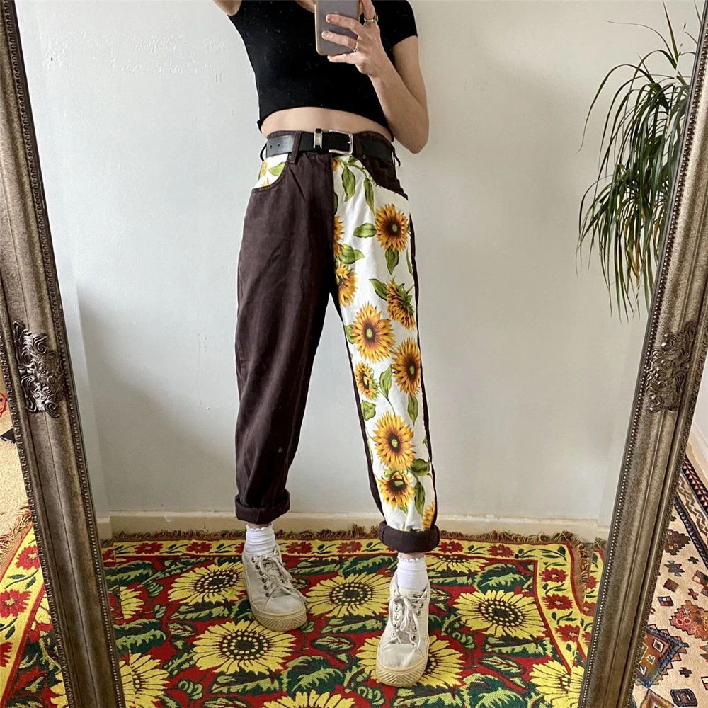 

Summer Pockets Print Baggy Jeans Fashion Streetwear Cotton Women Denim Trouser Loose Cargo Y2k Pants Autunm Korean Jeans